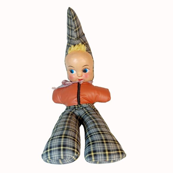 Vintage 1940s Carnival Prize Plush Body Doll Plastic Face Plaid Cone Hat Pants 2 - Picture 1 of 5